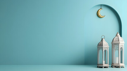 Ramadan Kareem greeting. Islamic crescent moon and lantern. End of fasting. ramadan decorations, Eid al-Fitr. Breaking of holy fast day. Muslim holiday. Arab night sky.	