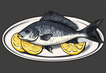 Bream fish with lemon slices on white plate isolated on transparent background