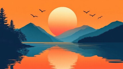 sunrise lake vector flat minimalistic isolated illustration