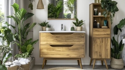 Warm Wooden Bathroom Cabinet with White Sink and Lush Green Plants Interior Design