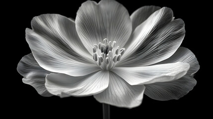 Monochrome close-up of a cosmos flower against black background; nature photography for design