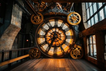 Obraz premium A large, vintage clock with glowing gears, set against an industrial backdrop, showcasing intricate details and warm lighting.