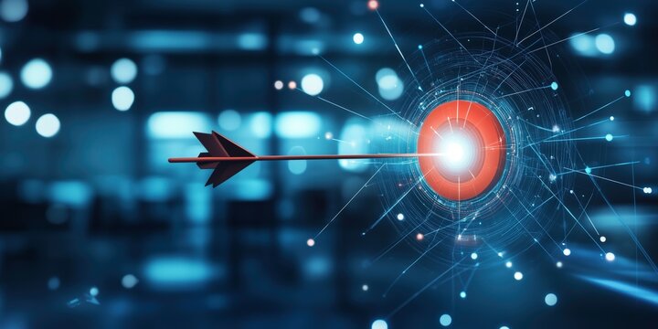 Aiming for Success: An arrow strikes the bullseye amidst a digital network, capturing the precision of goal setting in a business strategy.