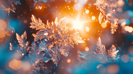 Natural background with hoar frost. Beautiful ice crystals during cold weather.