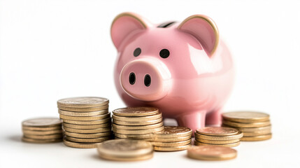 Pink piggy bank surrounded by stacks of coins on a white background - symbol of savings and financial security.