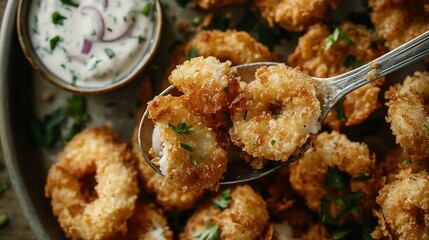 Crispy fried calamari rings with dipping sauce.