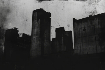 A dystopian brutalist cityscape background with monolithic towers, minimal light, and a grainy film noir effect. Stark and ominous.