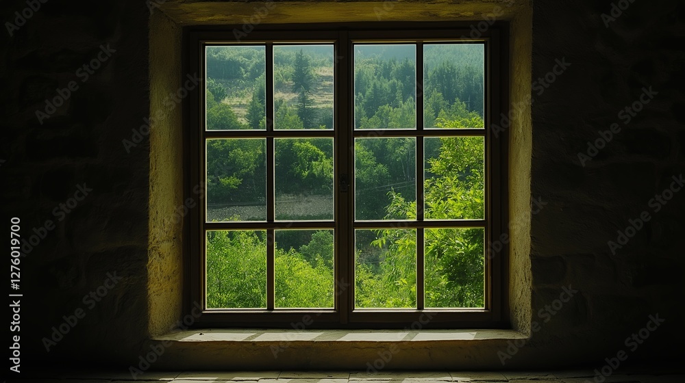 Poster A large window revealing only a small part of the world outside.