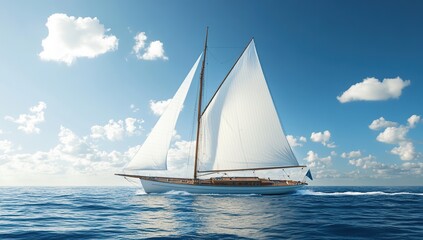 Classic Sailboat glides gracefully across ocean waves under a vibrant blue sky, a breathtaking summer voyage.
