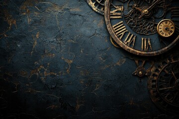 Naklejka premium An ornate collection of vintage clocks resting against a dark, textured background, evoking a sense of timeless elegance and history.