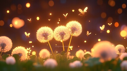 Magical Dandelion Field at Dusk with Fireflies