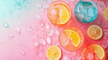 Refreshing citrus drinks with ice on pastel background