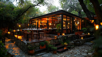 Mountainside restaurant patio, evening ambiance, dinner setting, stone steps, tranquil background; ideal for hospitality marketing