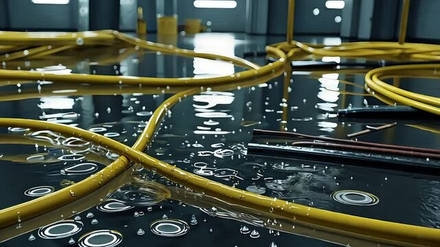 Industrial server room flooded with water and exposed yellow network cables
