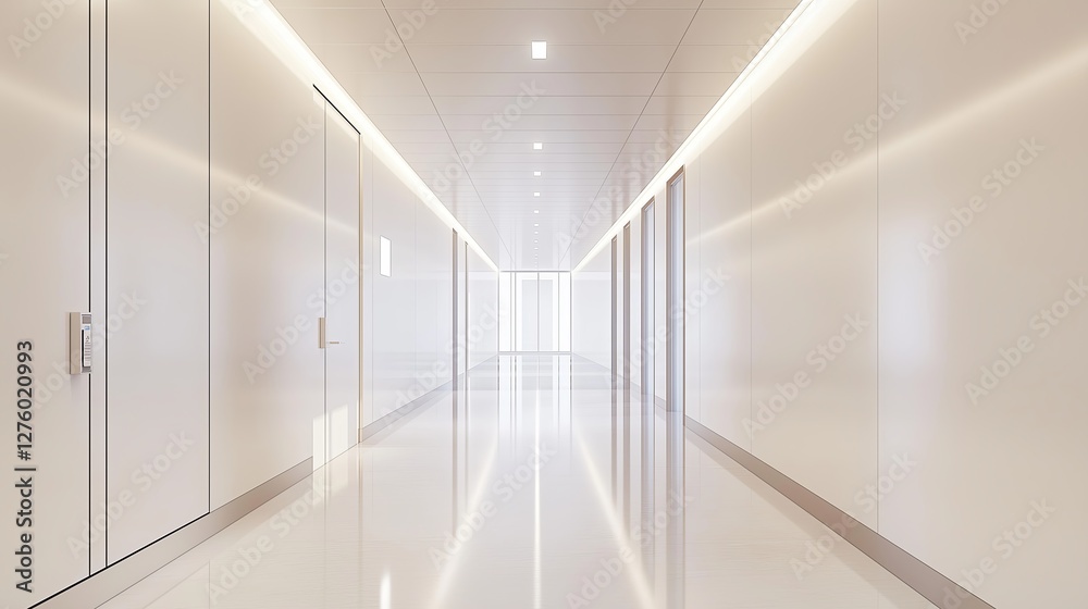 Poster a long, empty hallway with a single bright light at the end