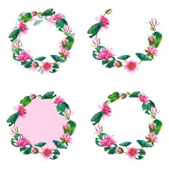 Set of wreaths with beautiful pink lotus flowers, leaves and buds. Hand drawn watercolor botanical illustration of water lilies on white isolated background. Floral backdrop for spa or wedding design.
