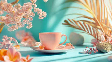 Fototapeta premium Tropical tea setup with palm leaves and flowers