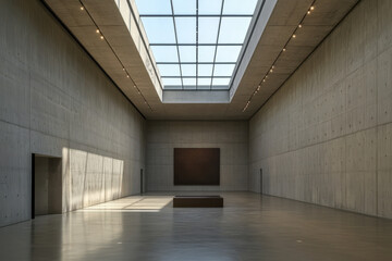 Fototapeta premium A minimalist brutalist museum gallery, featuring vast, empty concrete halls, a singular large art piece in the center, and soft, natural light filtering through high skylights.