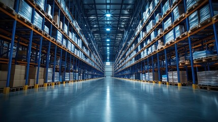 Fototapeta premium A spacious warehouse interior with high shelves stacked with pallets, illuminated by bright overhead lights, creating a clean and organized storage environment.