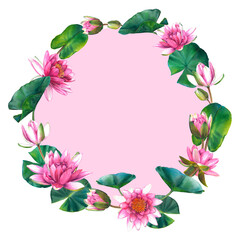 Wreath with beautiful pink lotus flowers, leaves and buds. Hand drawn watercolor botanical illustration of water lilies on white isolated background. Floral backdrop for spa, zen or wedding design.