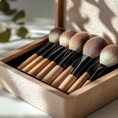 make me a beauiful makeup brush box stylish decent and disciplined in which a number of brushes of different styles and colours and soft tips and corners and beautiful designs are present beautifully 