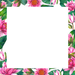 Floral square frame with pink water lily flowers, leaves and buds. Hand drawn watercolor illustration of lotus on isolated background. Bouquet of exotic greenery for spa, zen or wedding design.
