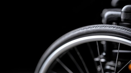 Fototapeta premium Wheelchair wheel close-up, dark background, accessibility