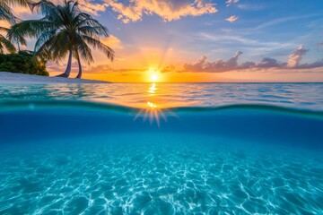 Tropical Sunset Over Ocean and Island - Stunning split-level view of a vibrant sunset over a tropical island beach, with clear turquoise water below the surface