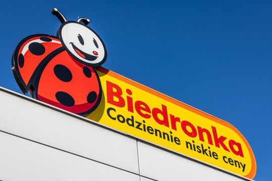 Warsaw, Poland - September 16, 2023: Sign of Biedronka discount shop in Warsaw capital city