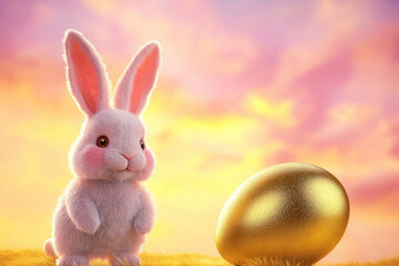 Obraz premium A cute Easter Bunny with rosy cheeks and oversized ears, standing next to a large, golden Easter egg under a glowing, pastel sunset sky.