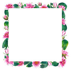 Floral square frame with pink water lily flowers, leaves and buds. Hand drawn watercolor illustration of lotus on isolated background. Bouquet of exotic greenery for spa, zen or wedding design.