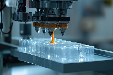 A robotic arm processes clear plastic containers, dispensing a vibrant orange liquid in a modern manufacturing setting.