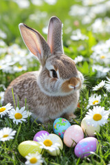 A cute Easter Bunny sitting in a field of daisies, with colorful Easter eggs nestled among the flowers.