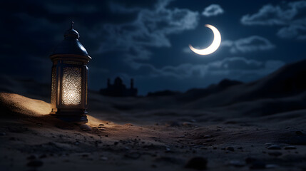 Ramadan Kareem greeting. Islamic crescent moon and lantern. End of fasting. ramadan decorations, Eid al-Fitr. Breaking of holy fast day. Muslim holiday. Arab night sky.	
