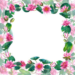 Floral square frame with pink water lily flowers, leaves and buds. Hand drawn watercolor illustration of lotus on isolated background. Bouquet of exotic greenery for spa, zen or wedding design.