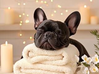 French Bulldog Relaxation on Towels with Candlelight for Serene Spa Day at Home Experience