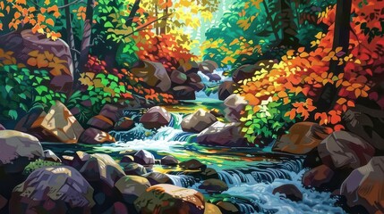 A forest stream flowing over smooth stones, surrounded by vibrant foliage -
