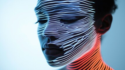 Cybernetic Portrait: A captivating portrait of a person, with their face and neck overlaid with a futuristic, digitally rendered network of lines, evoking a sense of technology and innovation.