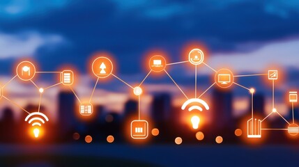 Smart Home Network Iot System Cityscape at Dusk