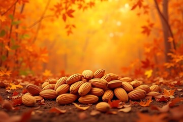 Fototapeta premium Almonds and Fall Leaves in Forest, Picturesque Autumn Scene