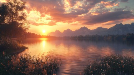 Obraz premium Panoramic Sunset View of Geroldsee Lake in Garmisch-Partenkirchen, Bavaria