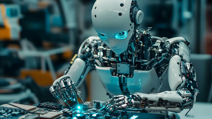 Fototapeta premium Robot Repairing Circuit Board Artificial Intelligence