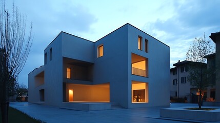 Modern cube-shaped building illuminated at dusk.