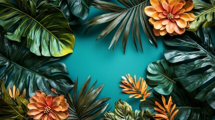 Fototapeta premium Lush tropical floral arrangement with green leaves