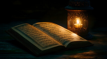 Open holy book, candlelight, lantern, dark wood, night, spirituality, religion, faith