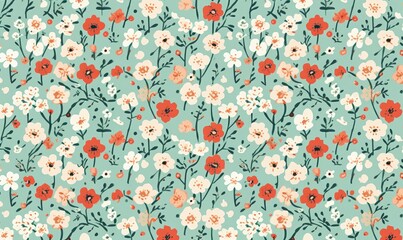 Floral pattern with light red and white flowers and dark green leaves and stems on a mint green background