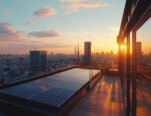 Naklejka premium Urban Rooftop Solar Power: Cityscape Sunset Views with Sustainable Energy Solutions