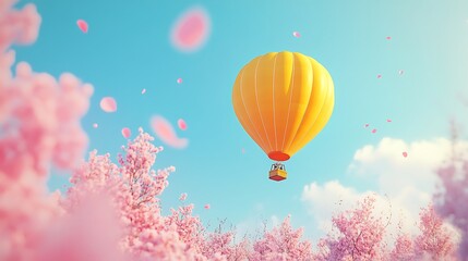 Obraz premium Hot Air Balloon Flying Over Pink Cherry Blossom Trees and Blue Sky