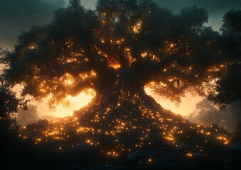 Illuminated ancient oak forest dawn