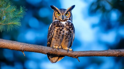 Obraz premium Majestic Great Horned Owl on Branch - A regal great horned owl, symbol of wisdom, solitude, power, and mystery, perched majestically on a tree branch against a blurred blue background
